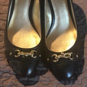 Coach Brass buckle wood stacked wedge 2” heel